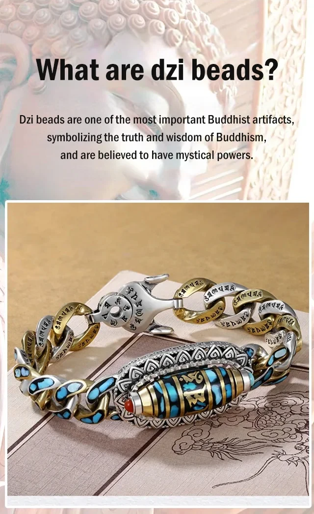 Pulsera de cuentas Dzi de nueve ojos con mantra de seis caracteres turquesa