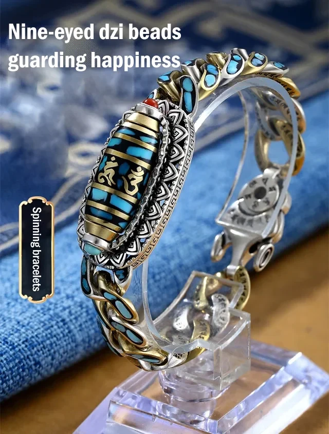 Pulsera de cuentas Dzi de nueve ojos con mantra de seis caracteres turquesa
