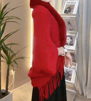 Chal de cuello de piel con flecos de punto de invierno