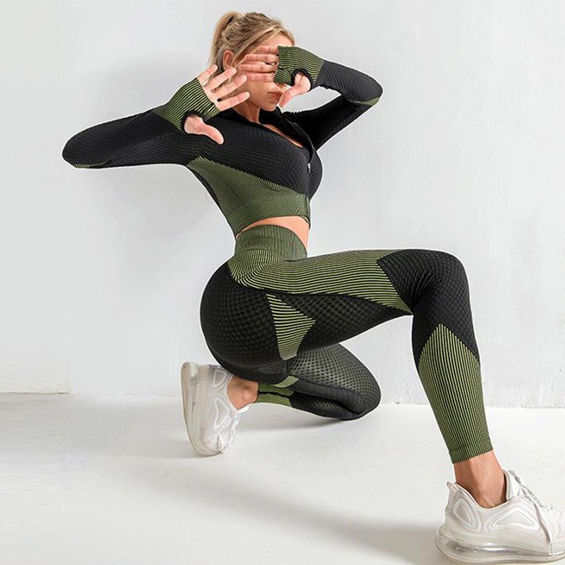 Conjunto de yoga sin costuras de 3 piezas para mujer: leggings, top corto, sujetador deportivo y ropa deportiva para gimnasio.