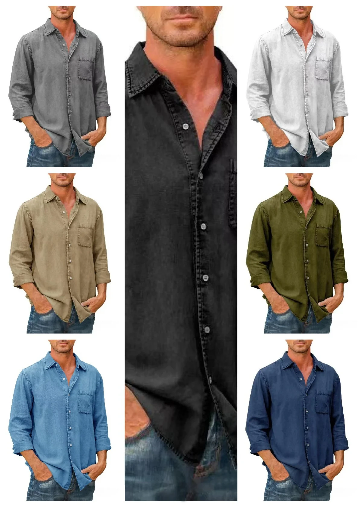 Último día 50% de descuento en camisa vaquera de manga larga con botones para hombre