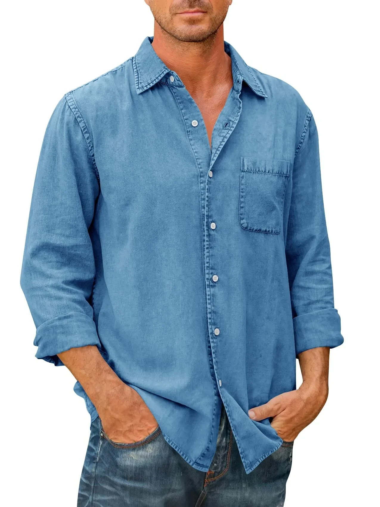 Último día 50% de descuento en camisa vaquera de manga larga con botones para hombre
