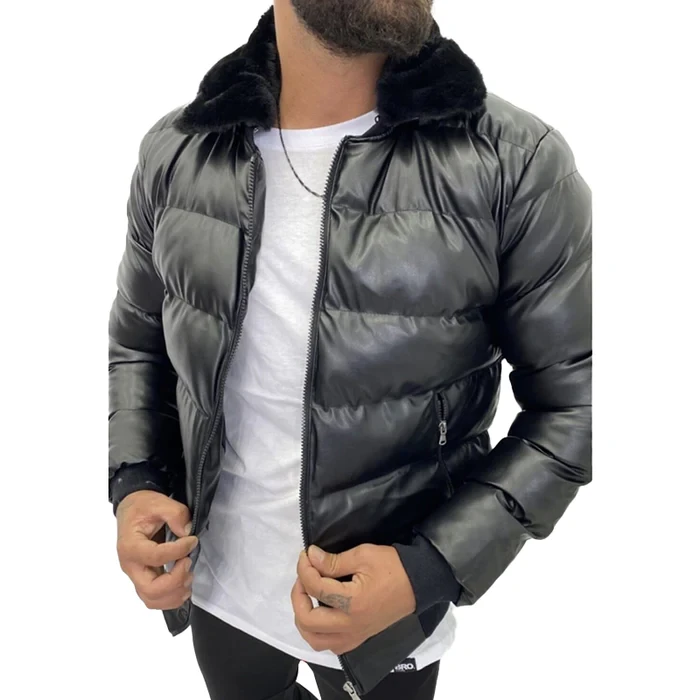 Chaqueta acolchada con cremallera y cuello de piel vintage para hombre