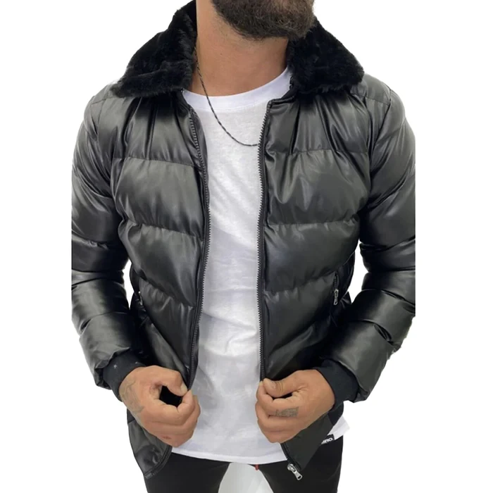 Chaqueta acolchada con cremallera y cuello de piel vintage para hombre