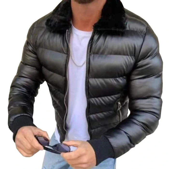 Chaqueta acolchada con cremallera y cuello de piel vintage para hombre