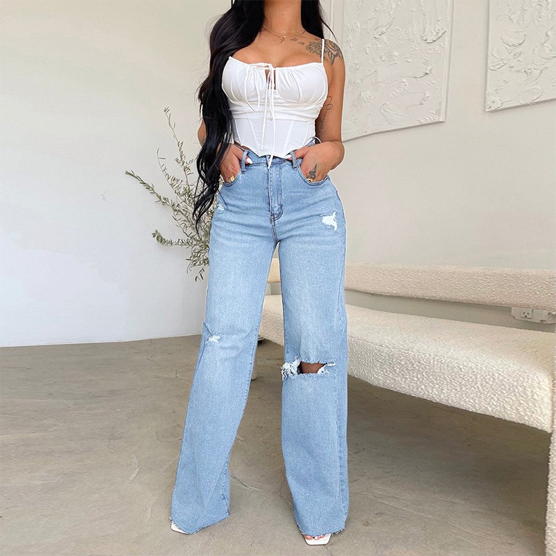 Pantalones casuales deshilachados con agujeros de moda