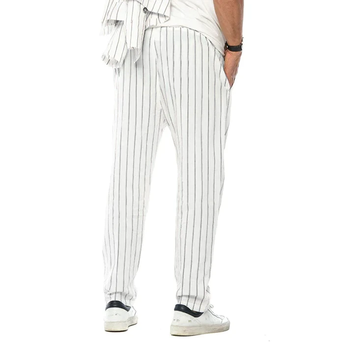 Pantalones casuales rectos, holgados y modernos de algodón y lino con rayas verticales para hombre