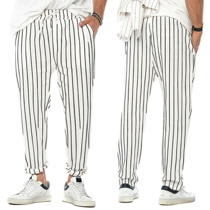 Pantalones casuales rectos, holgados y modernos de algodón y lino con rayas verticales para hombre