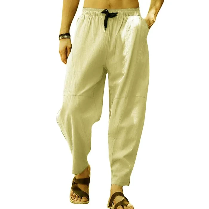 Pantalones holgados de lino y algodón con cordón de color liso para hombre