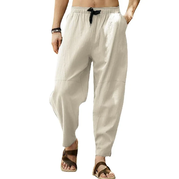 Pantalones holgados de lino y algodón con cordón de color liso para hombre