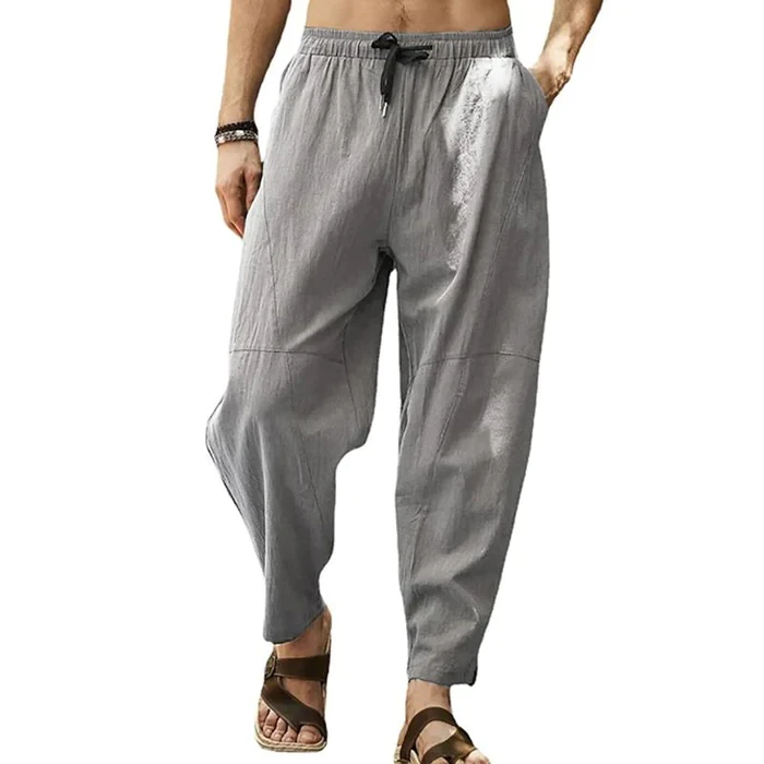 Pantalones holgados de lino y algodón con cordón de color liso para hombre