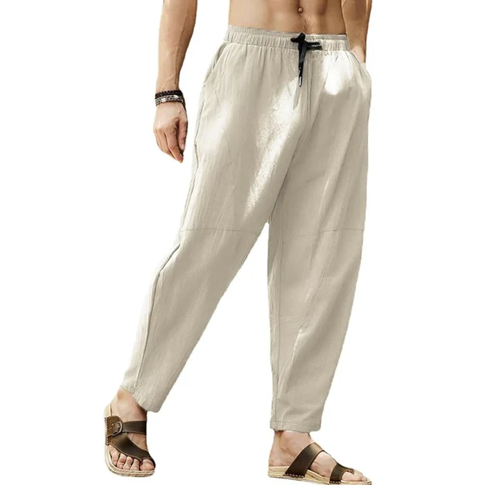 Pantalones holgados de lino y algodón con cordón de color liso para hombre