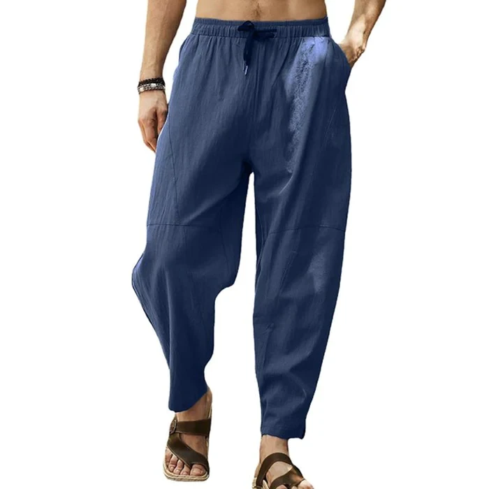 Pantalones holgados de lino y algodón con cordón de color liso para hombre