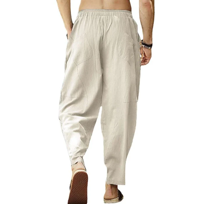Pantalones holgados de lino y algodón con cordón de color liso para hombre