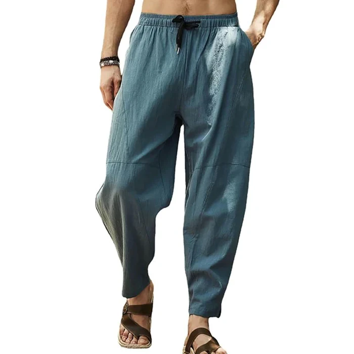 Pantalones holgados de lino y algodón con cordón de color liso para hombre