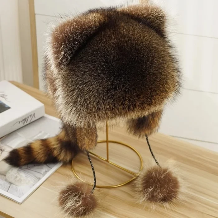 Gorro de peluche para padres e hijos con pelo de cola de mapache