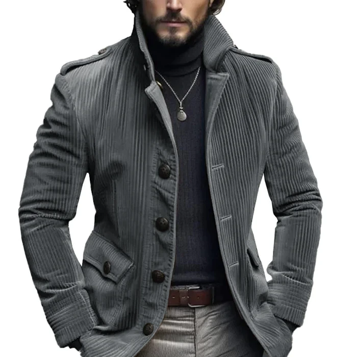 Blazer vintage de pana con cuello alto y botonadura sencilla para hombre