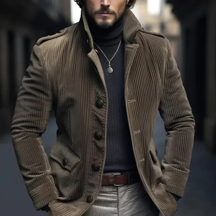 Blazer vintage de pana con cuello alto y botonadura sencilla para hombre