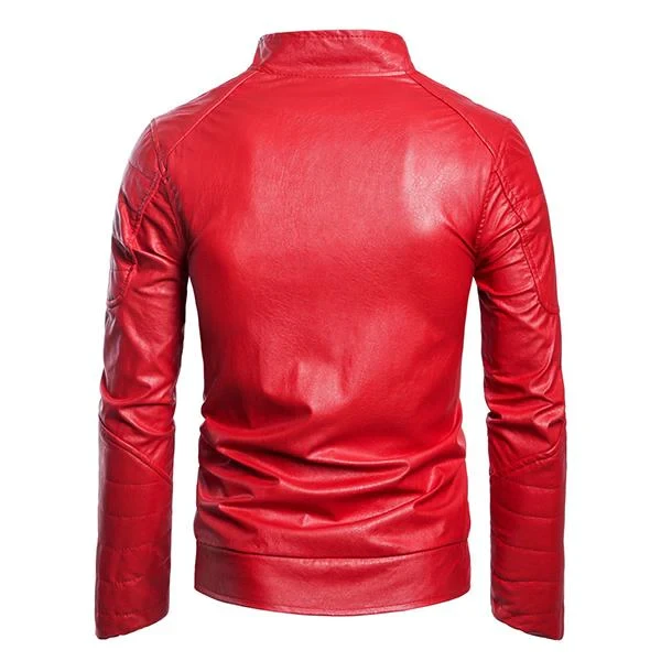 Chaqueta de cuero vintage con cuello alto y cremallera para hombre