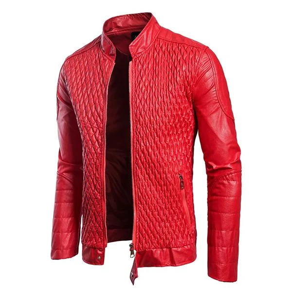 Chaqueta de cuero vintage con cuello alto y cremallera para hombre