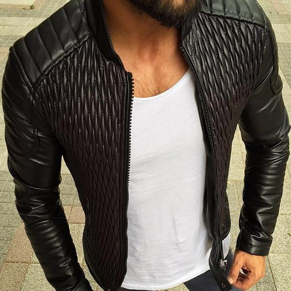 Chaqueta de cuero vintage con cuello alto y cremallera para hombre