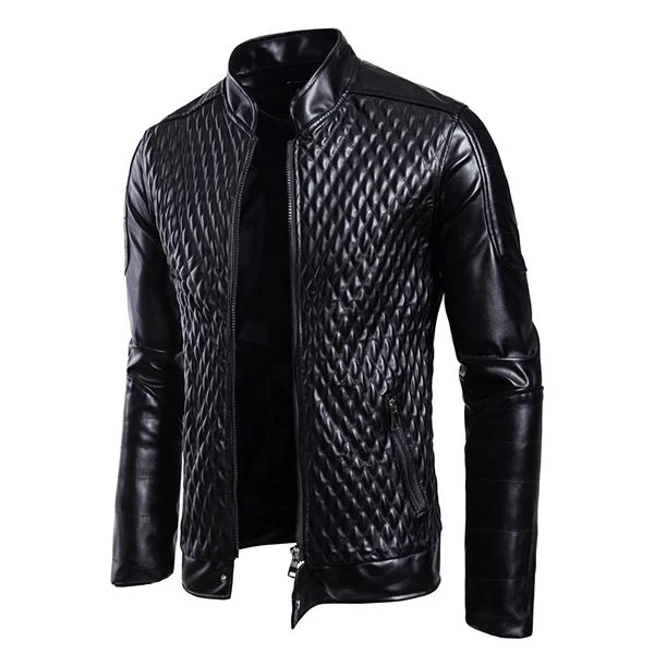 Chaqueta de cuero vintage con cuello alto y cremallera para hombre