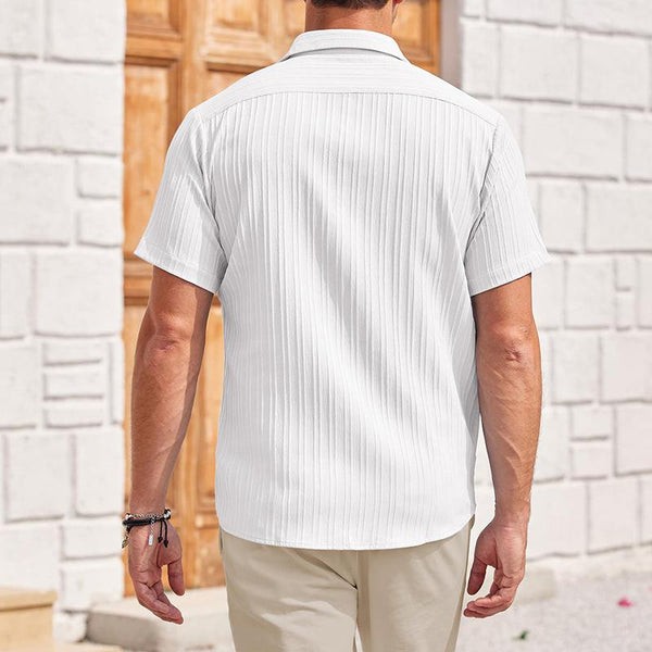 Camisa informal de lino y algodón para hombre con solapa plisada - Manga corta, corte holgado - Estilo