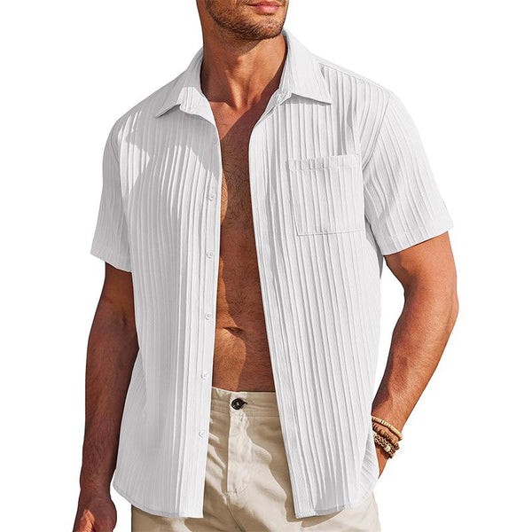 Camisa informal de lino y algodón para hombre con solapa plisada - Manga corta, corte holgado - Estilo