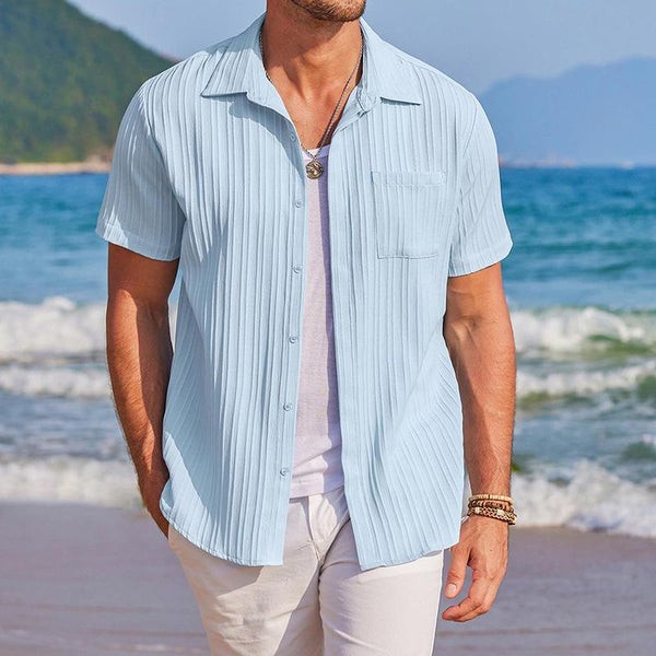 Camisa informal de lino y algodón para hombre con solapa plisada - Manga corta, corte holgado - Estilo