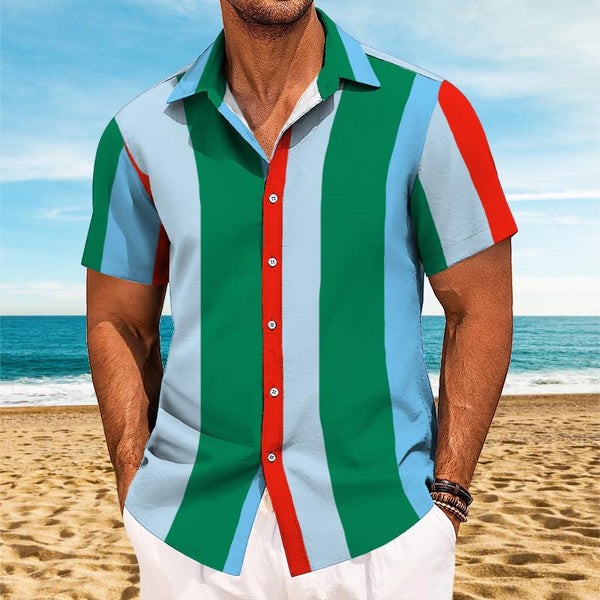 Camisa retro de solapa con bloques de color para hombre - Manga corta
