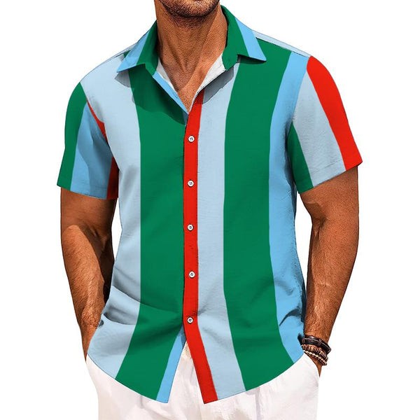 Camisa retro de solapa con bloques de color para hombre - Manga corta