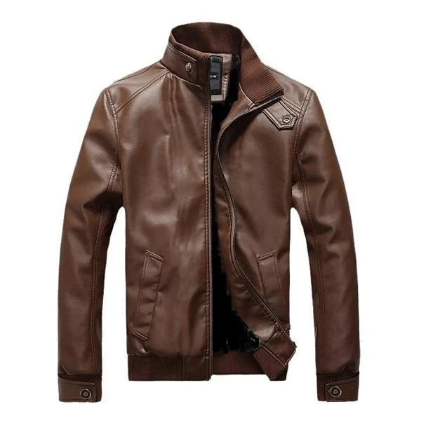 Chaqueta de cuero vintage con cuello alto para hombre