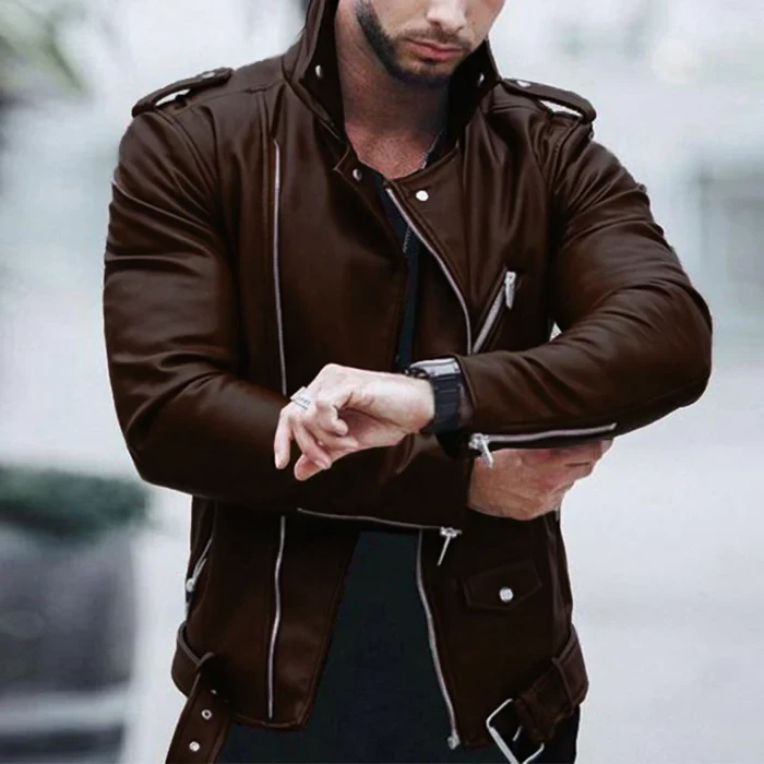 Chaqueta de cuero estilo motero con solapa y cremallera vintage para hombre