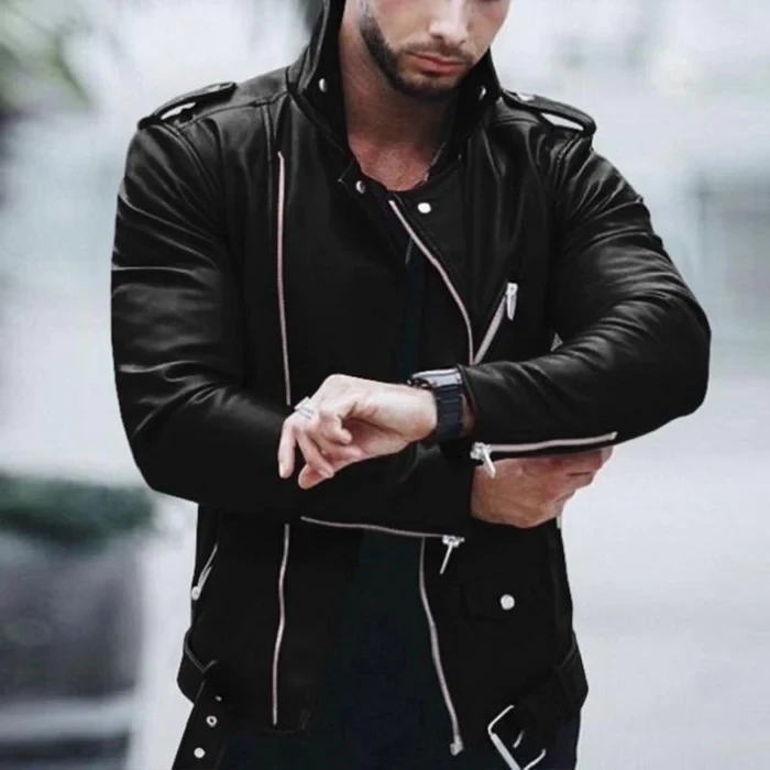 Chaqueta de cuero estilo motero con solapa y cremallera vintage para hombre
