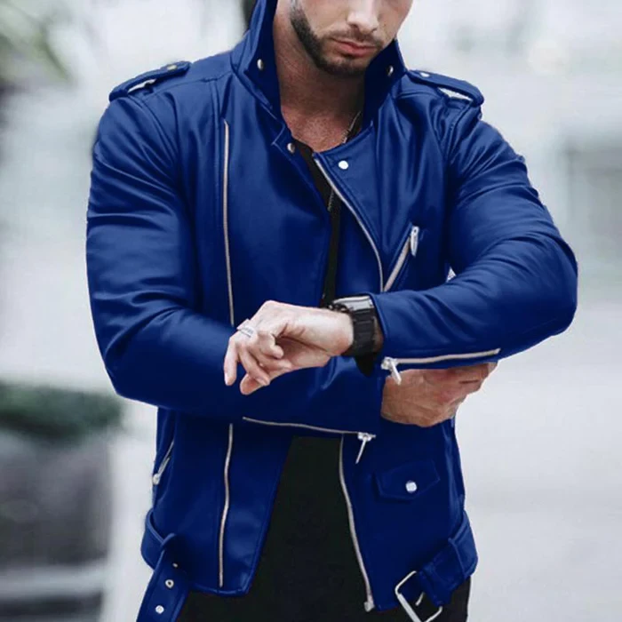 Chaqueta de cuero estilo motero con solapa y cremallera vintage para hombre