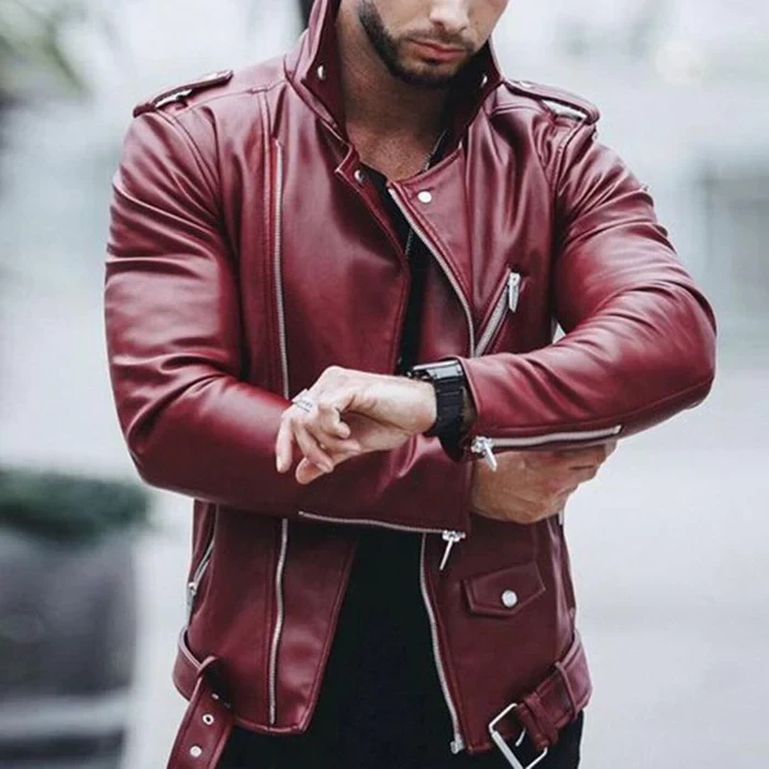 Chaqueta de cuero estilo motero con solapa y cremallera vintage para hombre