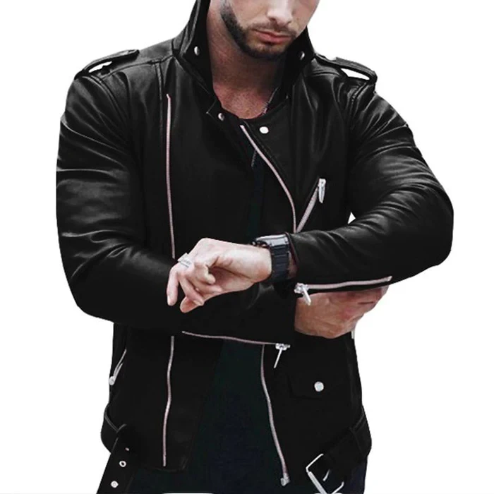 Chaqueta de cuero estilo motero con solapa y cremallera vintage para hombre