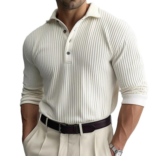 Polo de manga larga para hombre: elegante diseño de solapas a rayas lisas