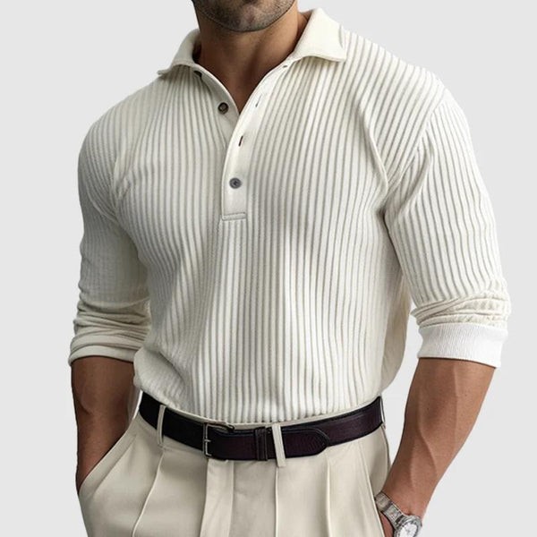Polo de manga larga para hombre: elegante diseño de solapas a rayas lisas