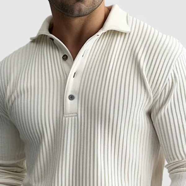 Polo de manga larga para hombre: elegante diseño de solapas a rayas lisas