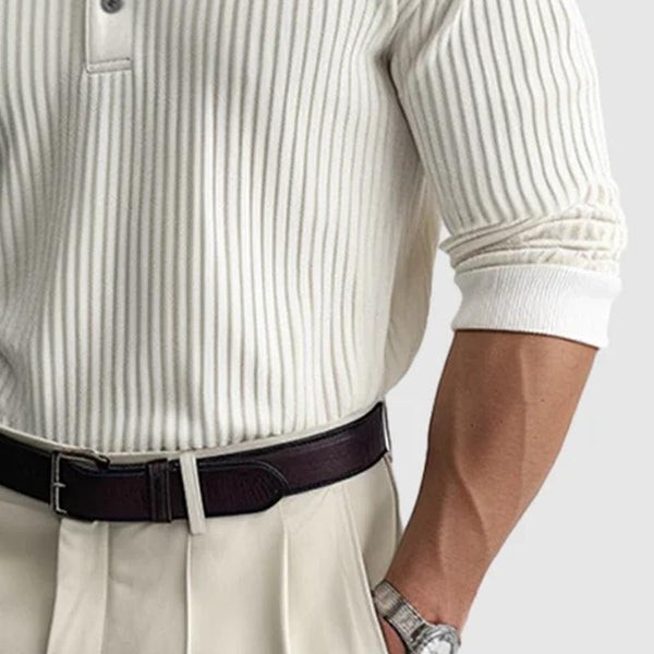 Polo de manga larga para hombre: elegante diseño de solapas a rayas lisas