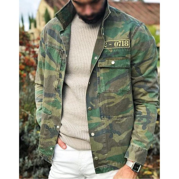 Chaqueta de camuflaje vintage para hombre con solapa y múltiples bolsillos