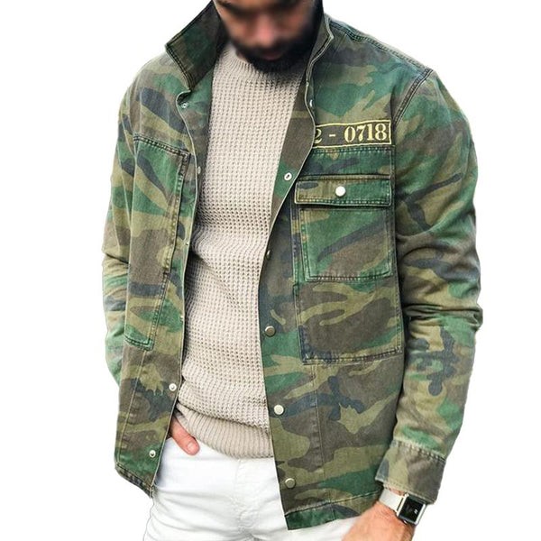 Chaqueta de camuflaje vintage para hombre con solapa y múltiples bolsillos