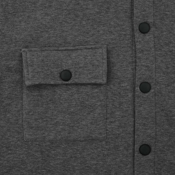 Camisa cómoda de felpa para hombre, color liso, corte holgado, cuello con solapa y manga larga.