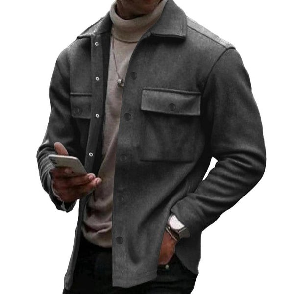 Camisa cómoda de felpa para hombre, color liso, corte holgado, cuello con solapa y manga larga.