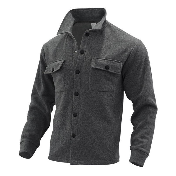 Camisa cómoda de felpa para hombre, color liso, corte holgado, cuello con solapa y manga larga.