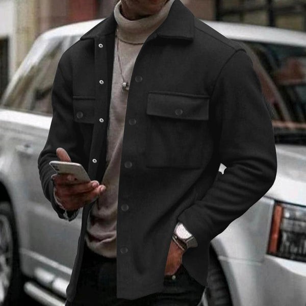 Camisa cómoda de felpa para hombre, color liso, corte holgado, cuello con solapa y manga larga.
