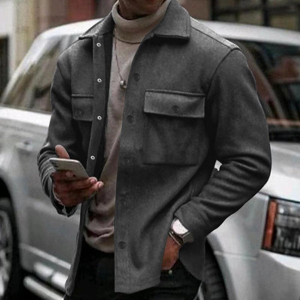 Camisa cómoda de felpa para hombre, color liso, corte holgado, cuello con solapa y manga larga.