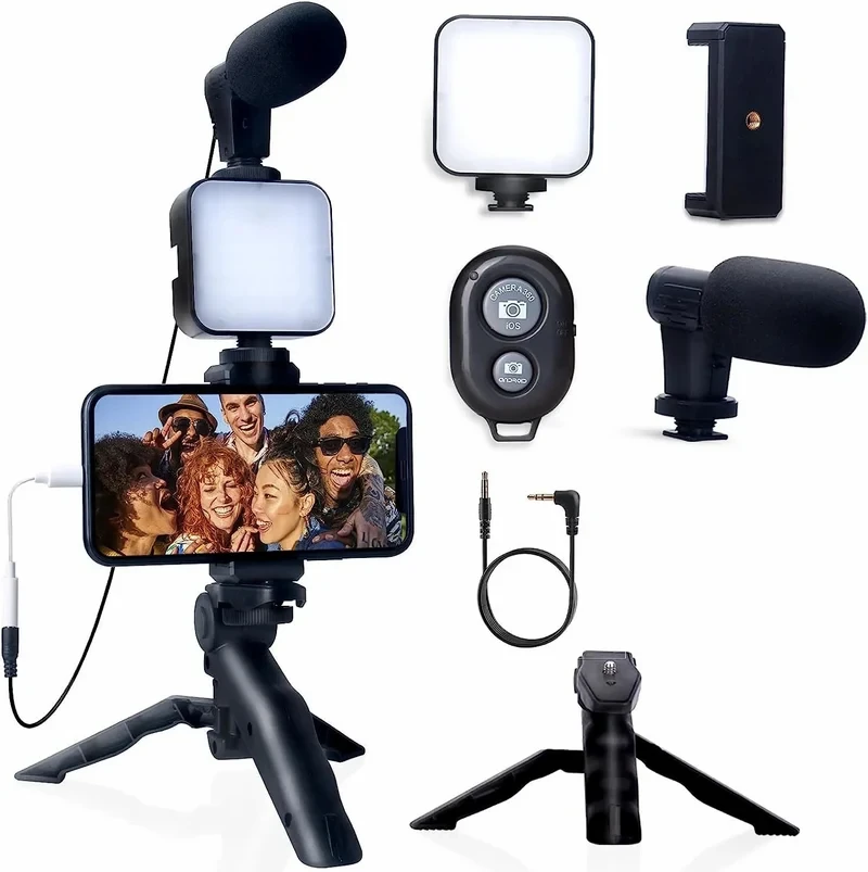 Kit de vlogging 5 en 1 con trípode para micrófono y luz de relleno