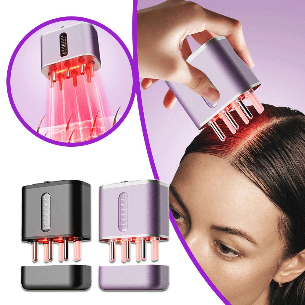 Peine de terapia para el cuero cabelludo con luz roja HornGlow: Dispensador portátil de aceite y crecimiento